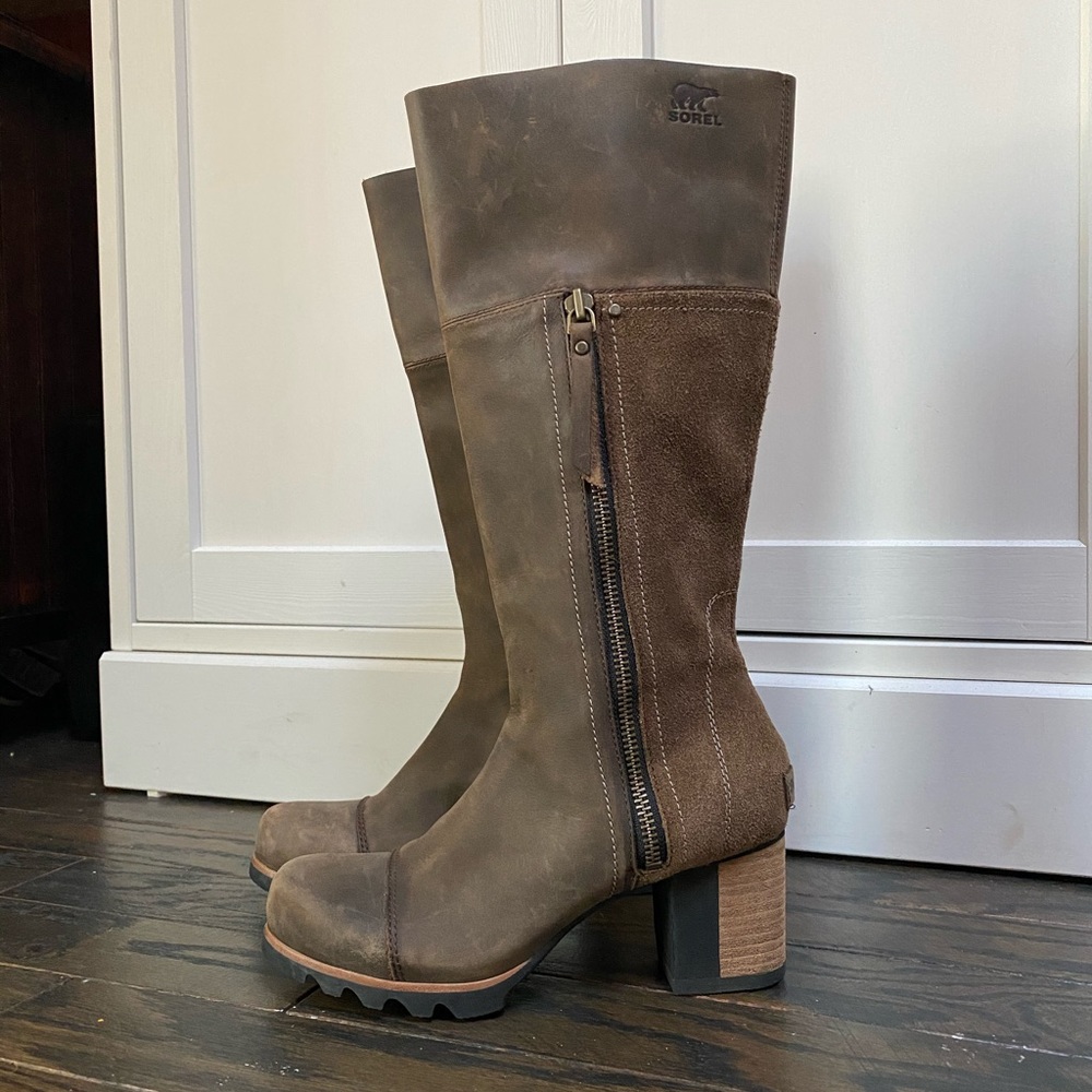 Sorel Brown Leather Suede Heeled Knee Boots
